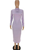 Light Purple Euramerican Women Pure Color Long Sleeve Sexy Midi Dress ANK06028-1