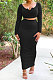 Orange Cotton Blend Long Sleeve Notched Neck Crop Top Split Skirts Solid Color Two-Piece HH8984-3