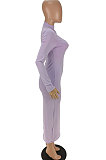 Light Purple Euramerican Women Pure Color Long Sleeve Sexy Midi Dress ANK06028-1