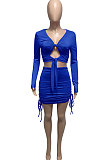 Black Euramerican Women Autumn Long Sleeve Shirred Detail Tied Hip Sexy Pure Color Skirts Sets Q938-3