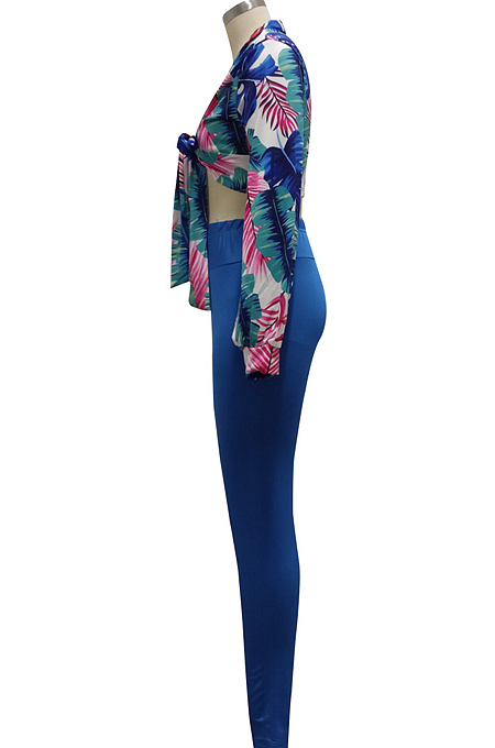 Red Wholesal New Digital Print Long Sleeve Bandage Crop Top Bodycon Pants Two-Piece SMR10283-2