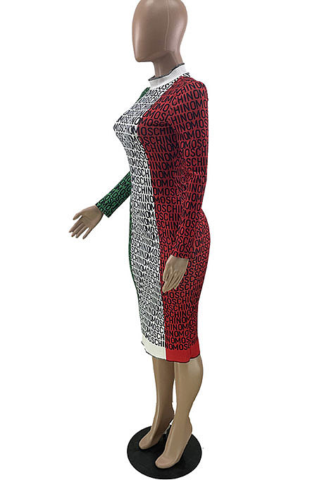 Wholesal Ribber Colorful Print Long Sleeve Round Collar Slim Fitting Midi Dress QC8048 