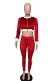 Red Casual Pleuche Long Sleeve Zipper Tops Pencil Pants Sport Sets BS1284-2