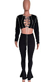Black Women Fashion Autumn Winter Sexy Hollow Out Long Sleeve Flare Leg Pants Sext HM5497