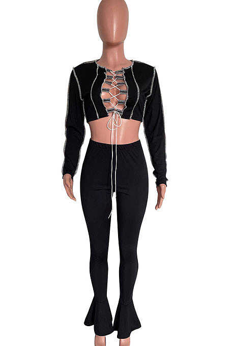 Black Women Fashion Autumn Winter Sexy Hollow Out Long Sleeve Flare Leg Pants Sext HM5497