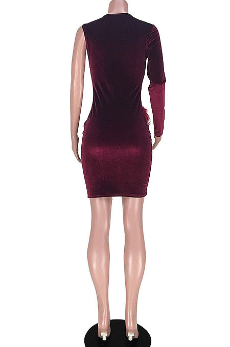 Wine Red Women Club Suit Sexy Fur Mesh Spaghetti Spliced Irregular Mini Dress GL6317-1