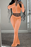 Yellow Wholesale New Korea Velvet Long Sleeve Zipper Front Coat Flare Pants Casual Sets FH171-11