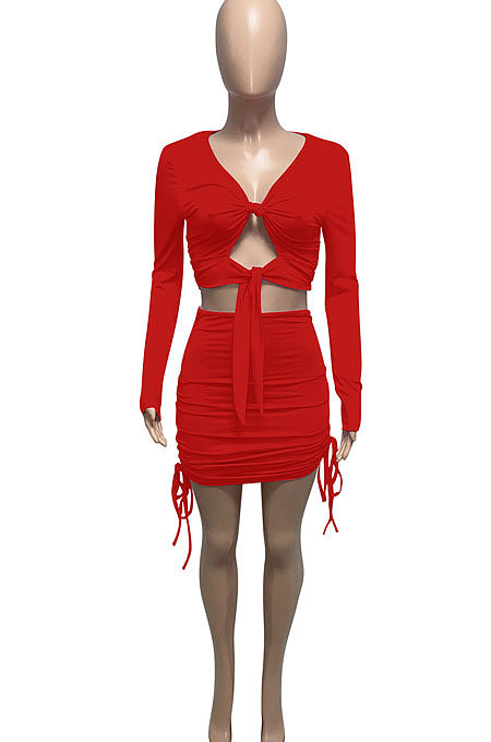 Black Euramerican Women Autumn Long Sleeve Shirred Detail Tied Hip Sexy Pure Color Skirts Sets Q938-3