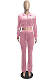 Yellow Wholesale New Korea Velvet Long Sleeve Zipper Front Coat Flare Pants Casual Sets FH171-11