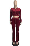 White Wholesale New Korea Velvet Long Sleeve Zipper Front Coat Flare Pants Casual Sets FH171-2