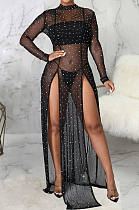 Black Sexy Mesh See-Through Long Sleeve O Neck Collcet Waist Elastic Split Long Dress SMR10482-2
