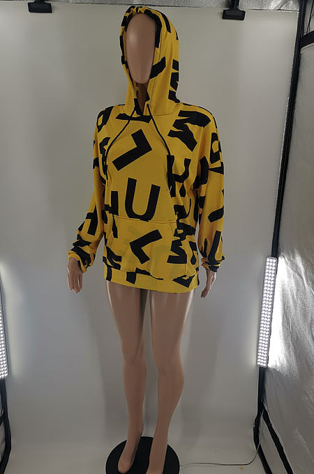 Yellow Euramerican Fashion Autumn Winter Women Fleece Cloth Letters Printing Pocket Hoodie Tops BLE2519