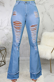 Light Blue Personality Spliced Hole Elasticty High Waist Slim Fitting Jean Flare Pants SMR2585-2