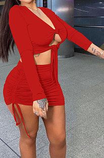 Red Euramerican Women Autumn Long Sleeve Shirred Detail Tied Hip Sexy Pure Color Skirts Sets Q938-2