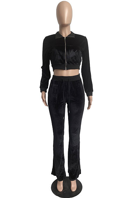 Pink Wholesale New Korea Velvet Long Sleeve Zipper Front Coat Flare Pants Casual Sets FH171-1