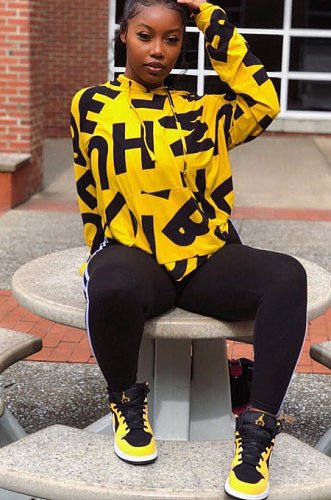 Yellow Euramerican Fashion Autumn Winter Women Fleece Cloth Letters Printing Pocket Hoodie Tops BLE2519