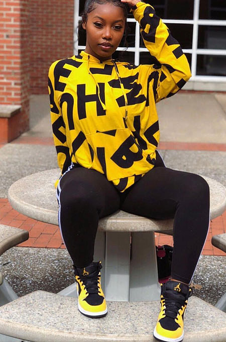 Yellow Euramerican Fashion Autumn Winter Women Fleece Cloth Letters Printing Pocket Hoodie Tops BLE2519
