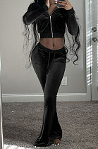Black Wholesale New Korea Velvet Long Sleeve Zipper Front Coat Flare Pants Casual Sets FH171-3