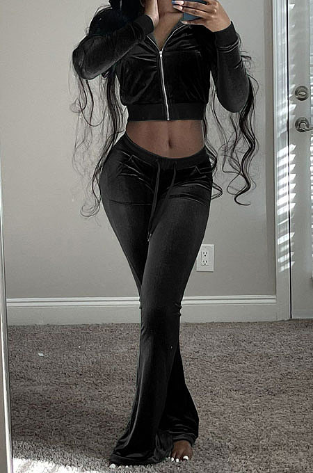 Black Wholesale New Korea Velvet Long Sleeve Zipper Front Coat Flare Pants Casual Sets FH171-3