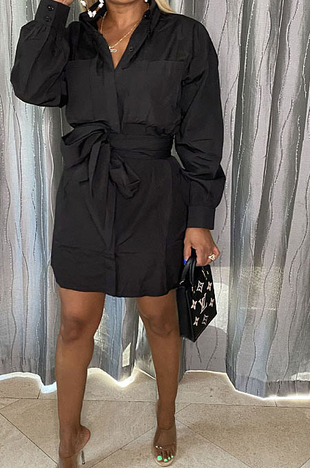 Black Simple Autumn Long Sleeve Lapel Neck Single-Breasted With Beltband Shirt Dress BS1285-1