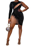Black Women Club Suit Sexy Fur Mesh Spaghetti Spliced Irregular Mini Dress GL6317-3