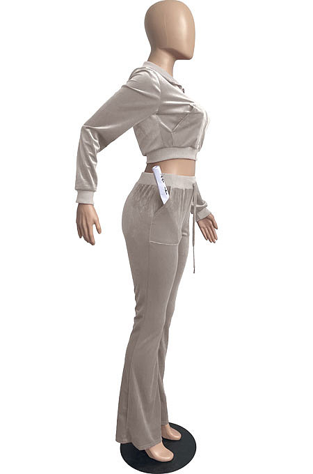 White Wholesale New Korea Velvet Long Sleeve Zipper Front Coat Flare Pants Casual Sets FH171-2