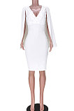 White Women Sexy Solid Color Nail Bead V Collar Cloak Mini Dress GL6507-1