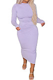 Light Purple Euramerican Women Pure Color Long Sleeve Sexy Midi Dress ANK06028-1