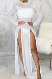 Black Sexy Mesh See-Through Long Sleeve O Neck Collcet Waist Elastic Split Long Dress SMR10482-2
