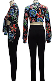 Red Wholesal New Digital Print Long Sleeve Bandage Crop Top Bodycon Pants Two-Piece SMR10283-2