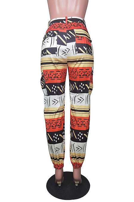 Red Modest Print With Pocket Zipper Casual Ankle Banded Pants BS1286-2