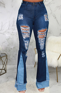 Blue Personality Spliced Hole Elasticty High Waist Slim Fitting Jean Flare Pants SMR2585-1