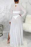 White Sexy Mesh See-Through Long Sleeve O Neck Collcet Waist Elastic Split Long Dress SMR10482-1