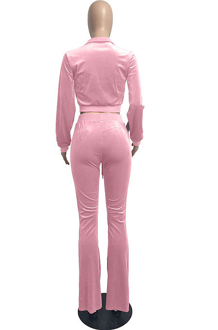 Yellow Wholesale New Korea Velvet Long Sleeve Zipper Front Coat Flare Pants Casual Sets FH171-11