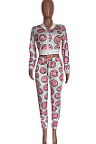 White Women Smiling Face Printing Fashion Zipper Long Sleeve Casual Pants Sets HM5502
