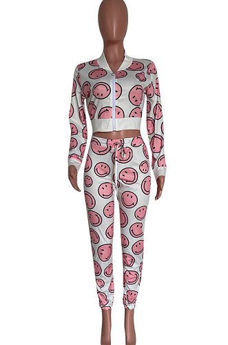 White Women Smiling Face Printing Fashion Zipper Long Sleeve Casual Pants Sets HM5502