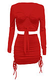 Black Euramerican Women Autumn Long Sleeve Shirred Detail Tied Hip Sexy Pure Color Skirts Sets Q938-3