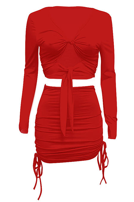 Black Euramerican Women Autumn Long Sleeve Shirred Detail Tied Hip Sexy Pure Color Skirts Sets Q938-3