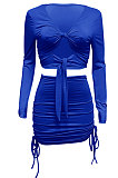 Black Euramerican Women Autumn Long Sleeve Shirred Detail Tied Hip Sexy Pure Color Skirts Sets Q938-3