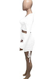 Black Euramerican Women Autumn Long Sleeve Shirred Detail Tied Hip Sexy Pure Color Skirts Sets Q938-3