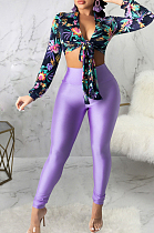 Purple Wholesal New Digital Print Long Sleeve Bandage Crop Top Bodycon Pants Two-Piece SMR10283-4