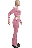 White Wholesale New Korea Velvet Long Sleeve Zipper Front Coat Flare Pants Casual Sets FH171-2