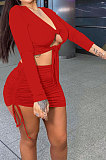 Black Euramerican Women Autumn Long Sleeve Shirred Detail Tied Hip Sexy Pure Color Skirts Sets Q938-3
