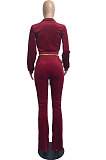 Yellow Wholesale New Korea Velvet Long Sleeve Zipper Front Coat Flare Pants Casual Sets FH171-11