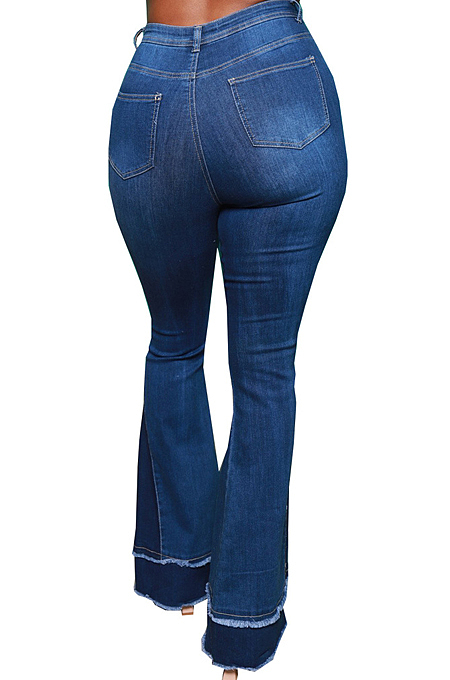Blue Personality Spliced Hole Elasticty High Waist Slim Fitting Jean Flare Pants SMR2585-1
