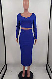 Orange Cotton Blend Long Sleeve Notched Neck Crop Top Split Skirts Solid Color Two-Piece HH8984-1
