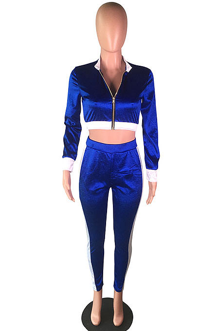 Blue Casual Pleuche Long Sleeve Zipper Tops Pencil Pants Sport Sets BS1284-1