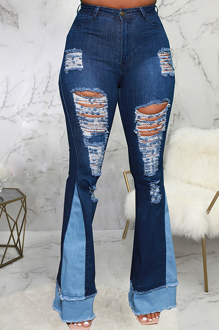 Light Blue Personality Spliced Hole Elasticty High Waist Slim Fitting Jean Flare Pants SMR2585-2