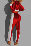Red Casual Pleuche Long Sleeve Zipper Tops Pencil Pants Sport Sets BS1284-2