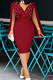 Wine Red Women Sexy Solid Color Nail Bead V Collar Cloak Mini Dress GL6507-2